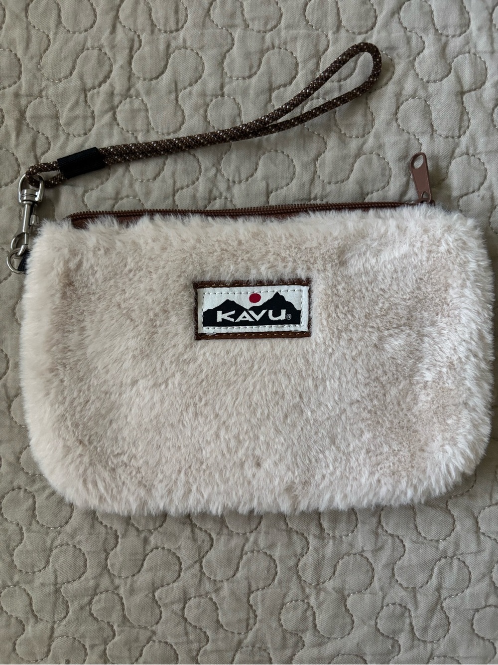Kavu Cream Fuzzy Wristlet Pouch with Logo Patch